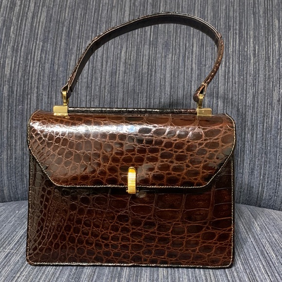Saks 5th Avenue Crocodile/Alligator Handbag Dark Brown EUC 8” x 6” x 3” - Picture 1 of 10
